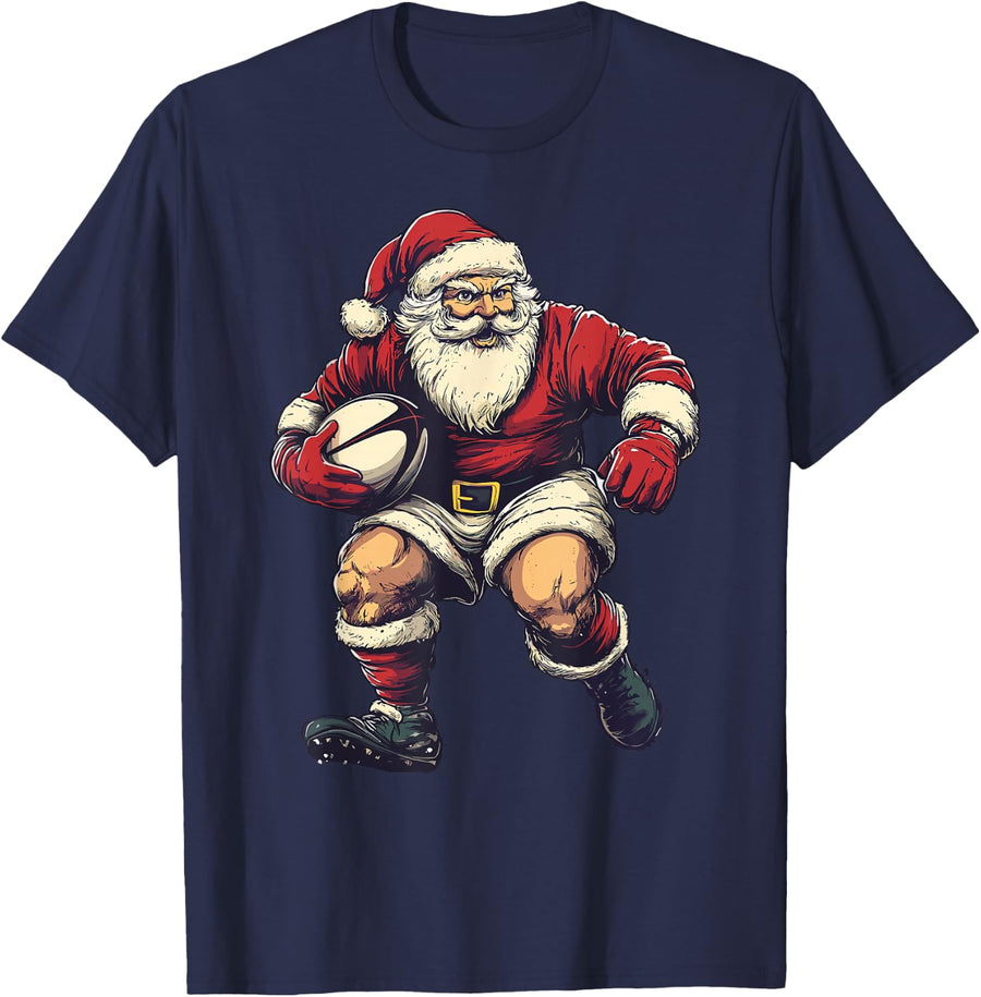 Santa Playing Rugby Funny Rugby Player Christmas Xmas Pajama T-Shirt - Navy Blue