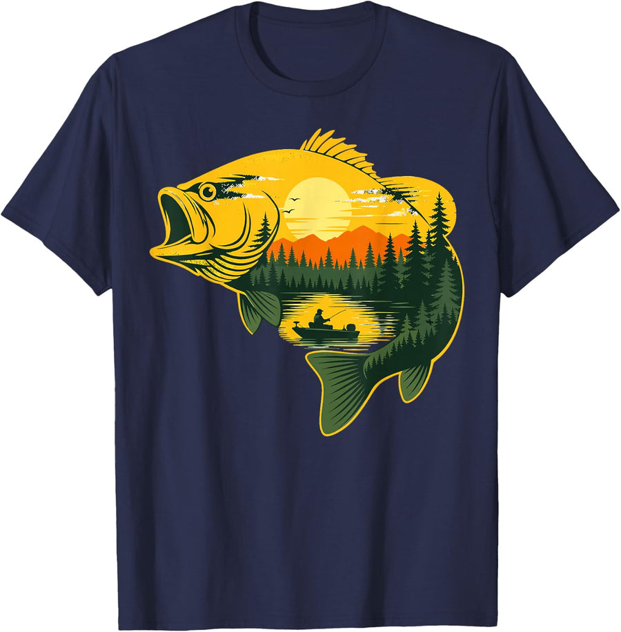 Bass Fishing Lake Boat Outdoors Largemouth Angler Nature T-Shirt - Navy Blue