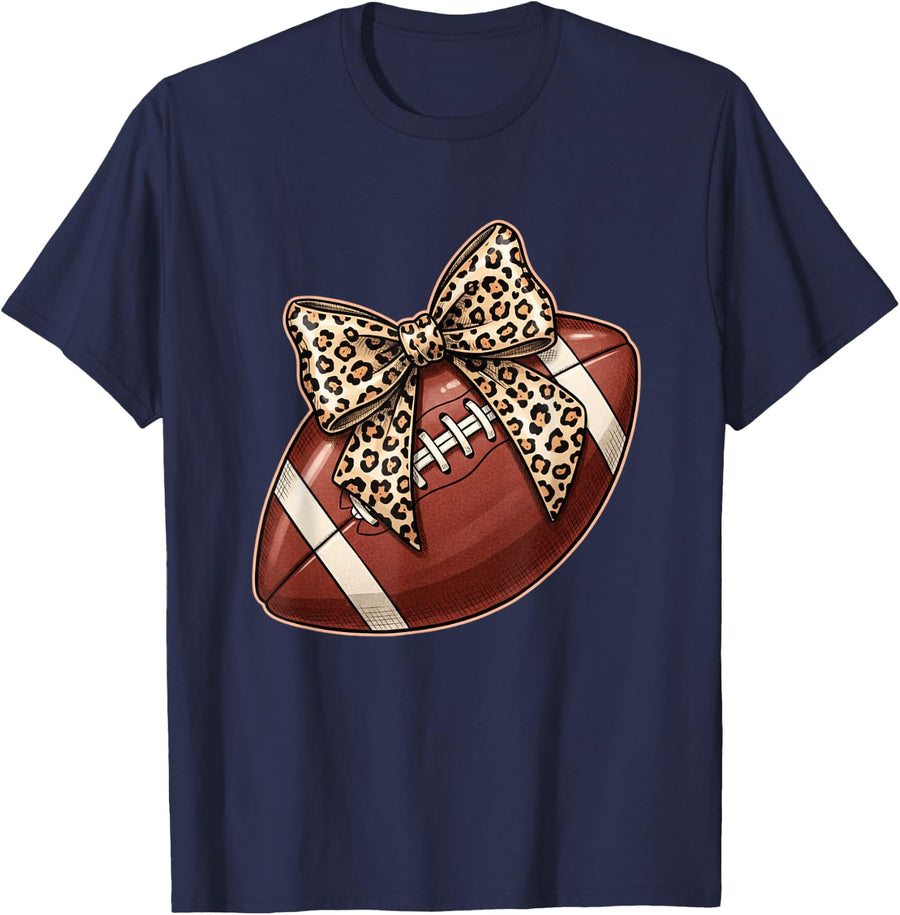 Football Mom Leopard Bow - Sideline Mom T-Shirt - Navy Blue