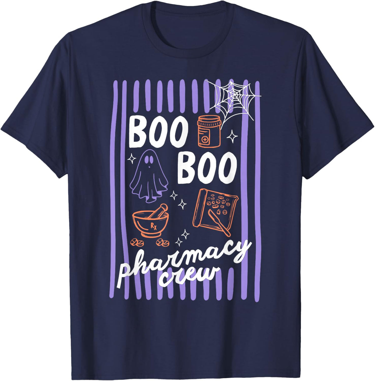 Strips Boo Boo Pharmacy Crew Halloween Ghost Pharmacist Tech T-Shirt - Navy Blue