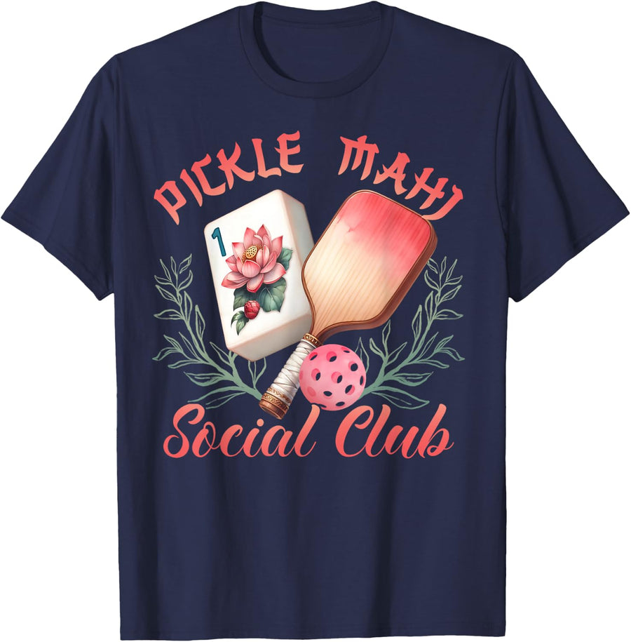 Pickleball Mahjong Lovers Funny Pickle Mahj Social Club T-Shirt - Navy Blue