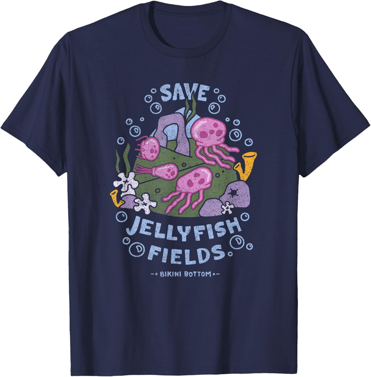 Spongebob Squarepants Save Jellyfish Fields Bikini Bottom T-Shirt - Navy Blue