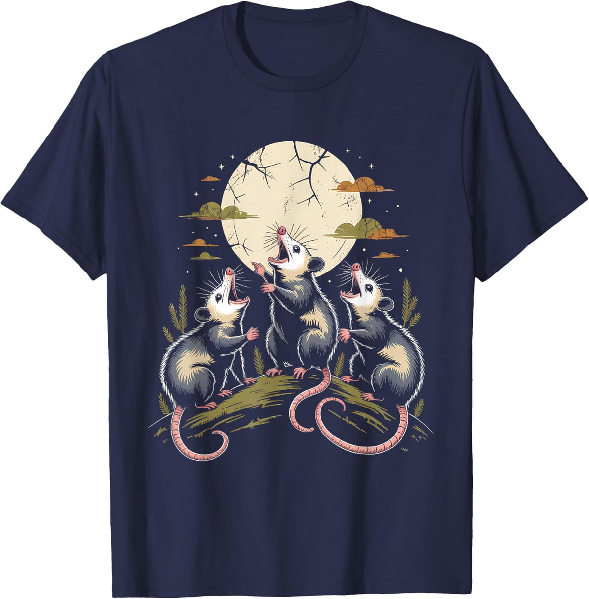 Opossum Howling At The Moon Night Forest Wildlife T-Shirt - Navy Blue