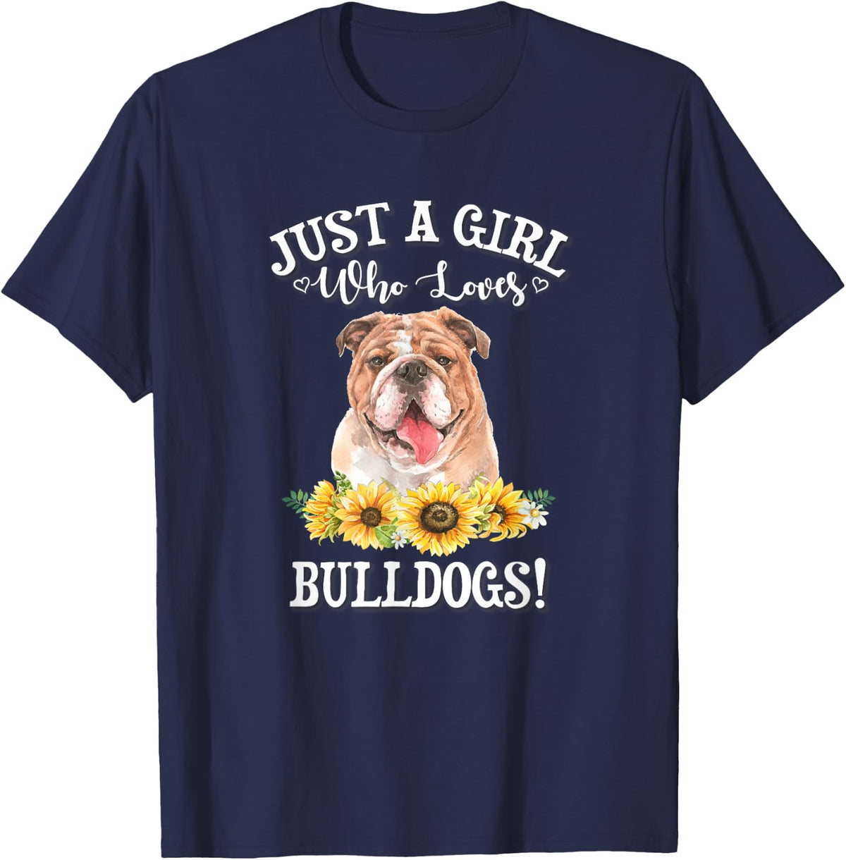 Funny Womens Sunflowers Art Girl Who Loves English Bulldogs T-Shirt - Navy Blue