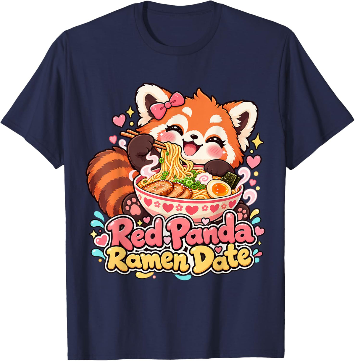 Kawaii Red Panda Ramen Date T-Shirt - Navy Blue