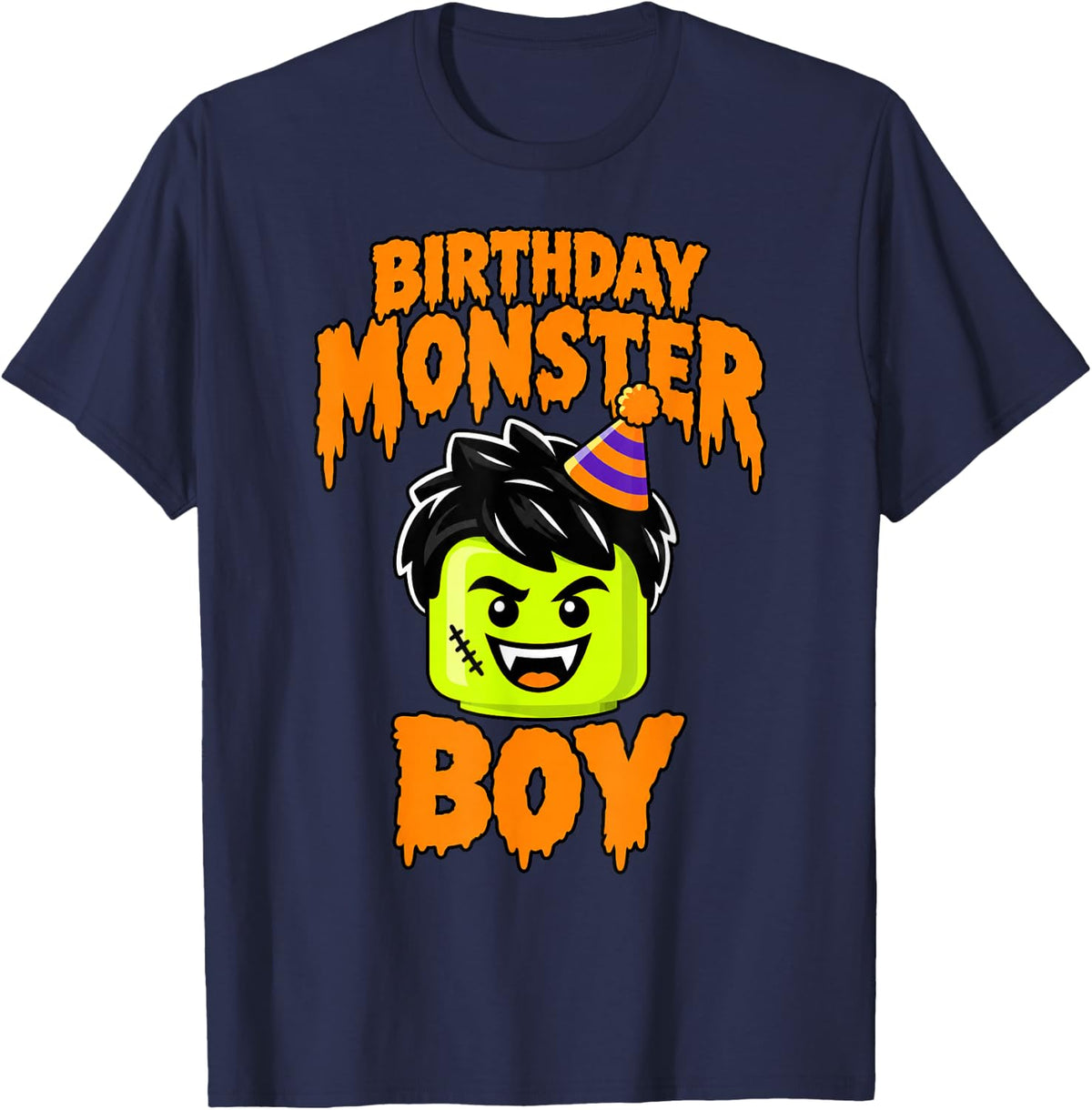 Building Blocks Head Bricks Halloween Birthday Monster Boy T-Shirt - Navy Blue