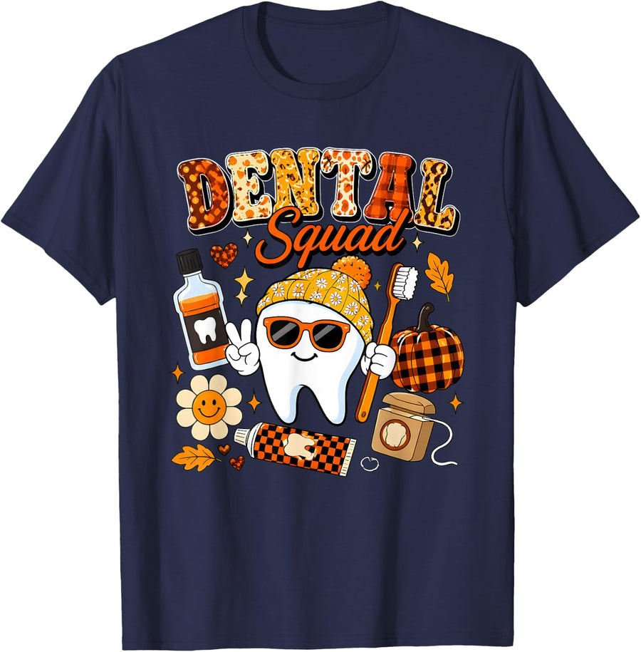 Dental Squad Retro Groovy Tooth Fall Plaid Pumpkin T-Shirt - Navy Blue
