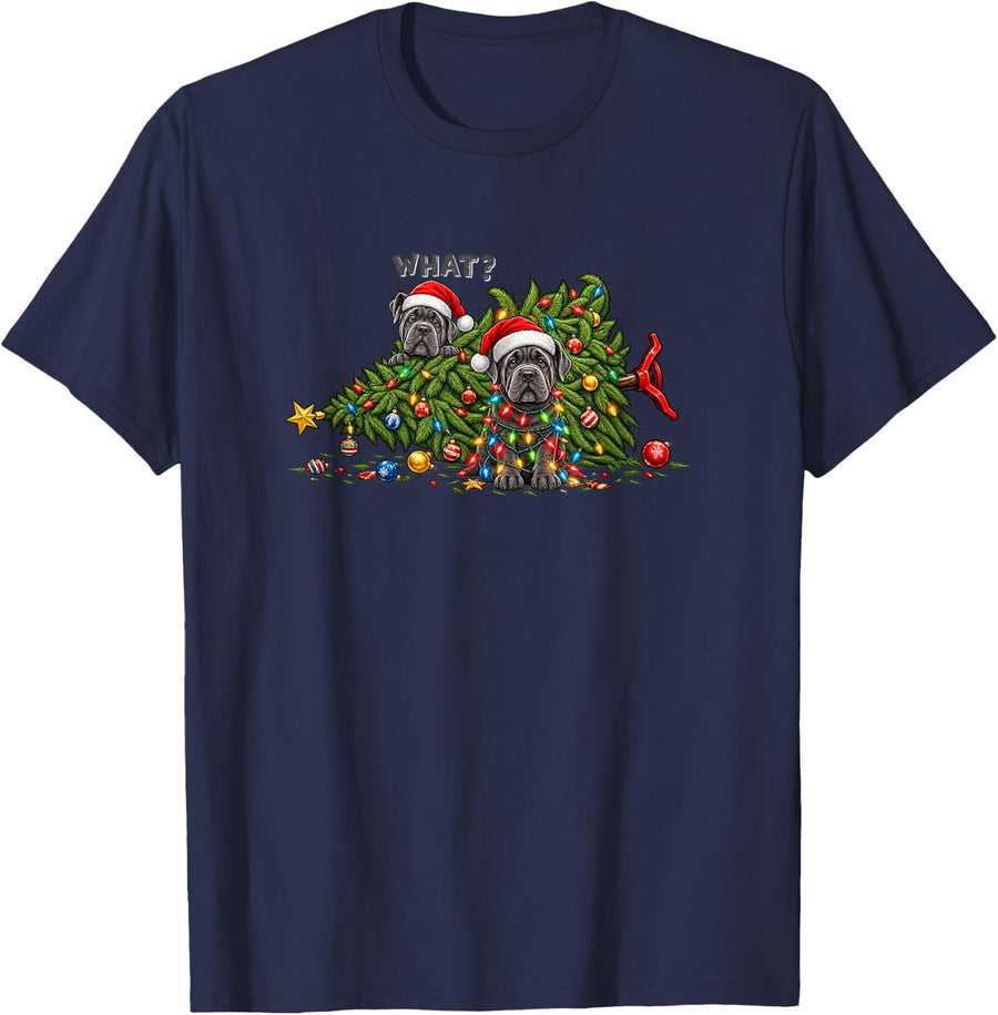 Cane Corso Christmas Tree Lights Santa Hats Funny Holiday T-Shirt - Navy Blue