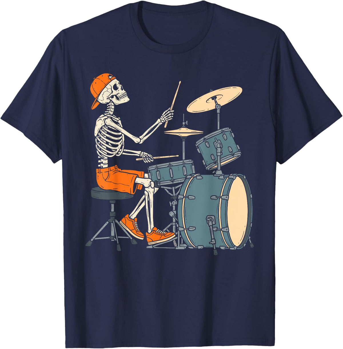 Vintage Skeleton Drummer Drum Set Drums Musician Music Band T-Shirt - Navy Blue