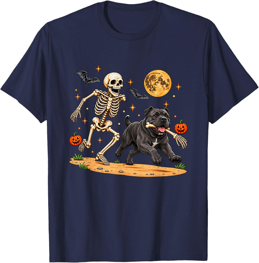 Funny Skeleton Chasing Cane Corso Halloween Dog Mom Pet T-Shirt - Navy Blue