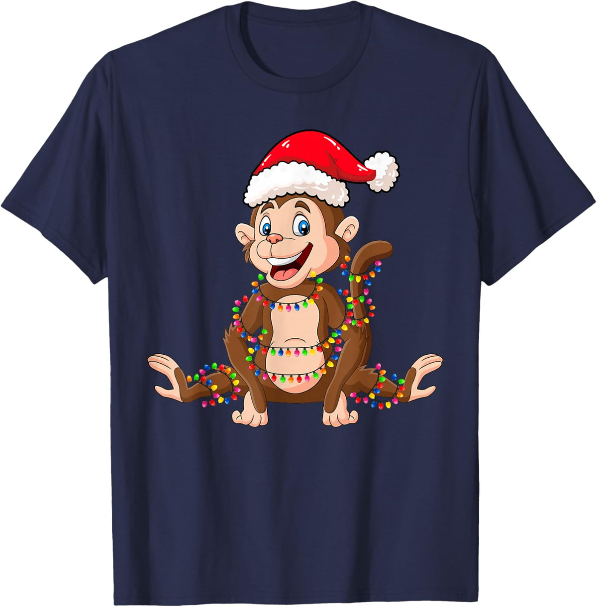Christmas Lights Monkey Wearing Xmas Hat - Cute Monkey Lover T-Shirt - Navy Blue