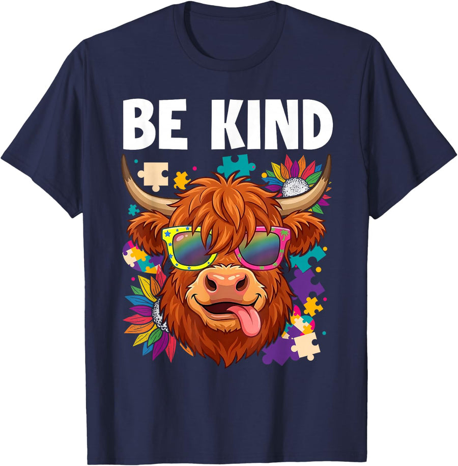 Be Kind Highland Cow Inspirational Teacher T-Shirt - Navy Blue
