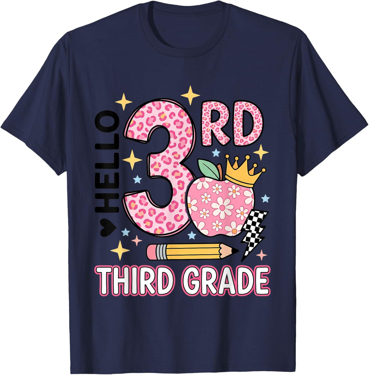Hello 3RD Third Grade Leopard Back to School Teacher T-Shirt - Navy Blue