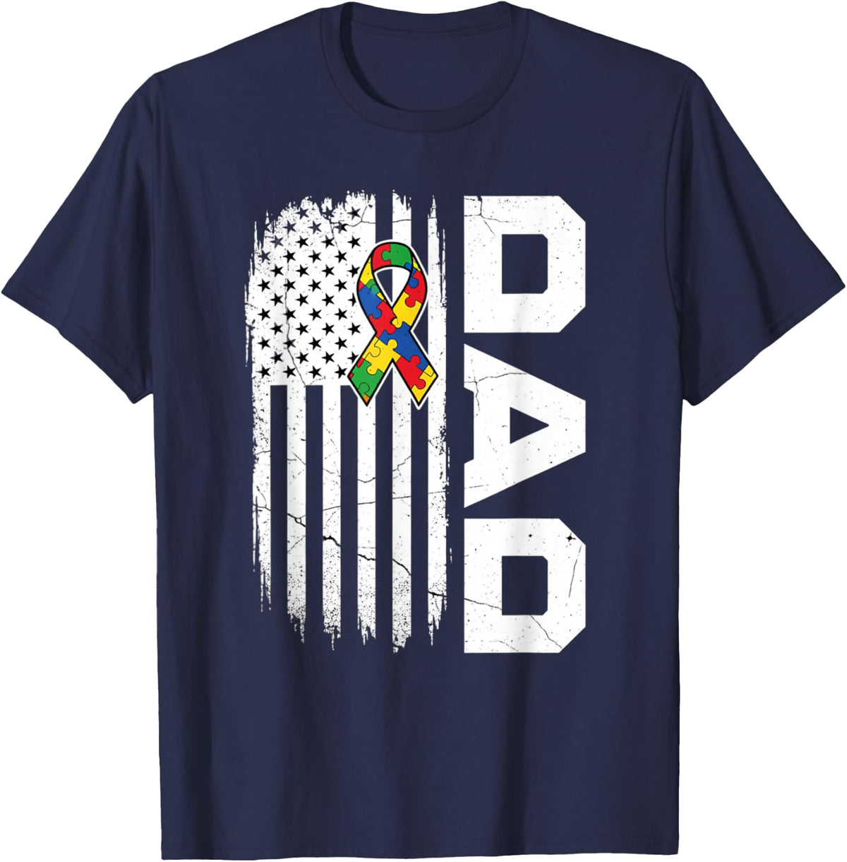 Autism Dad Awareness USA Flag Fathers Day T-Shirt - Navy Blue