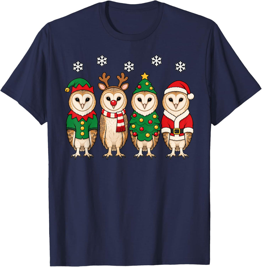 Barn Owl Christmas Reindeer Santa T-Shirt - Navy Blue