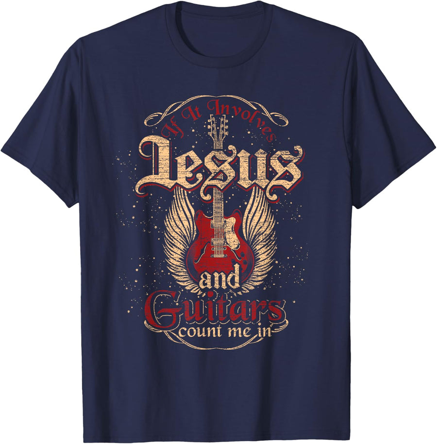 Guitarist Guitar Musician Christian Music Jesus T-Shirt - Navy Blue