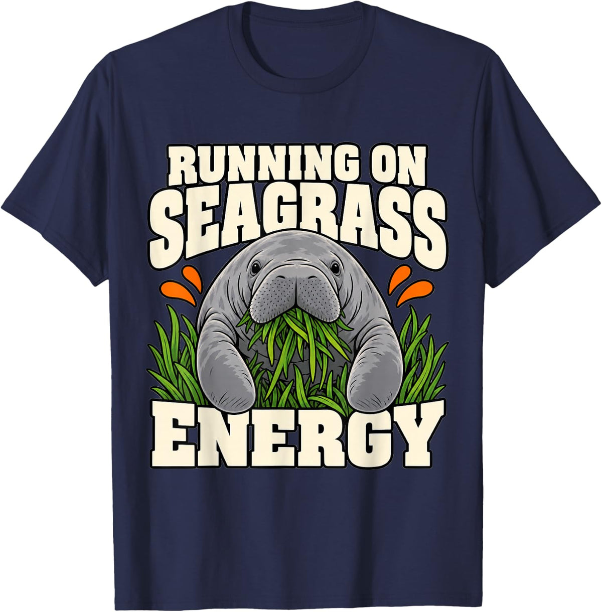 Manatee Running On Seagrass Energy Florida Funny T-Shirt - Navy Blue