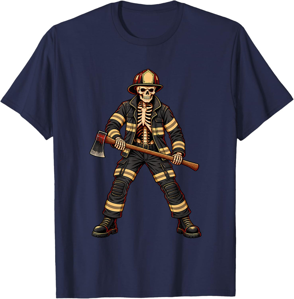 Skeleton Firefighter Halloween Costume Fire Rescue Gear T-Shirt - Navy Blue