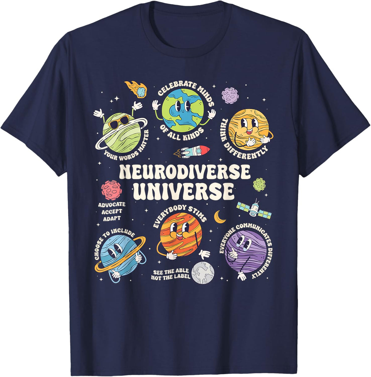 Neurodiverse Universe Planets Autism Awareness Tees T Shirts Autistic Support - Navy Blue