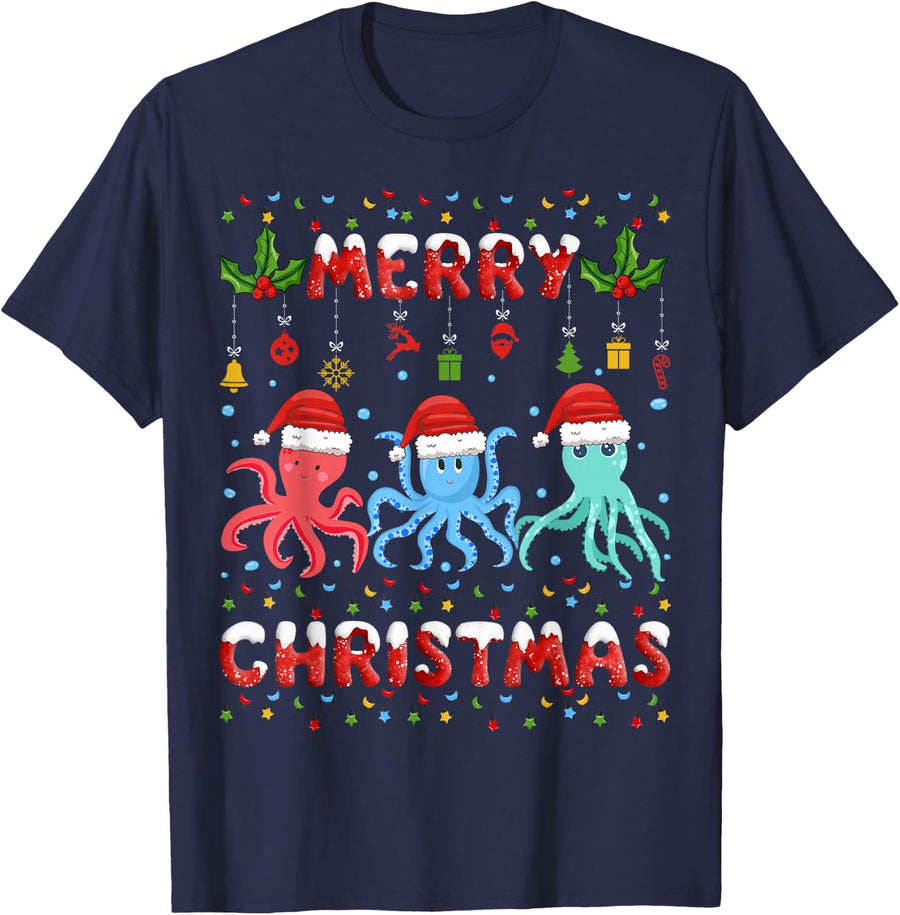 Christmas Octopus shirt Santa Hat Lights Xmas Funny T-Shirt - Navy Blue