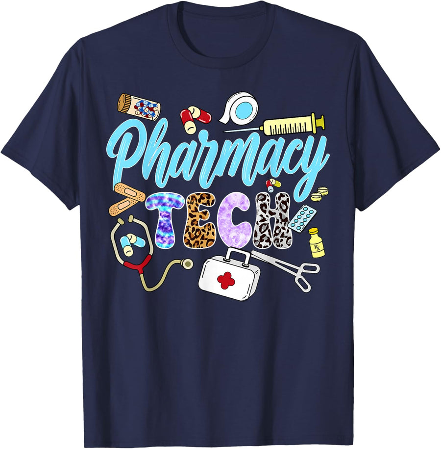 Pharmacy Tech - Pharmacy Technician Leopard Pattern Gifts T-Shirt - Navy Blue
