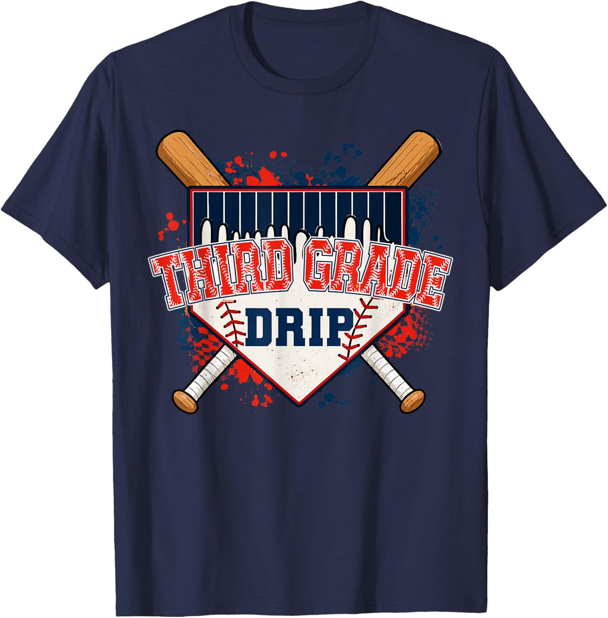 Baseball Drip Third Grade Back to School T-Shirt - Navy Blue
