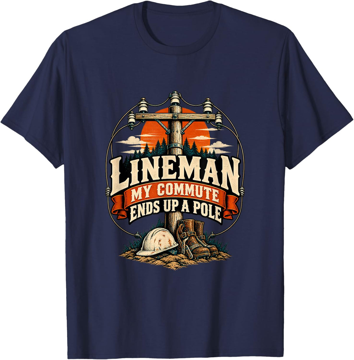 Lineman My Commute Ends Up A Pole T-Shirt - Navy Blue