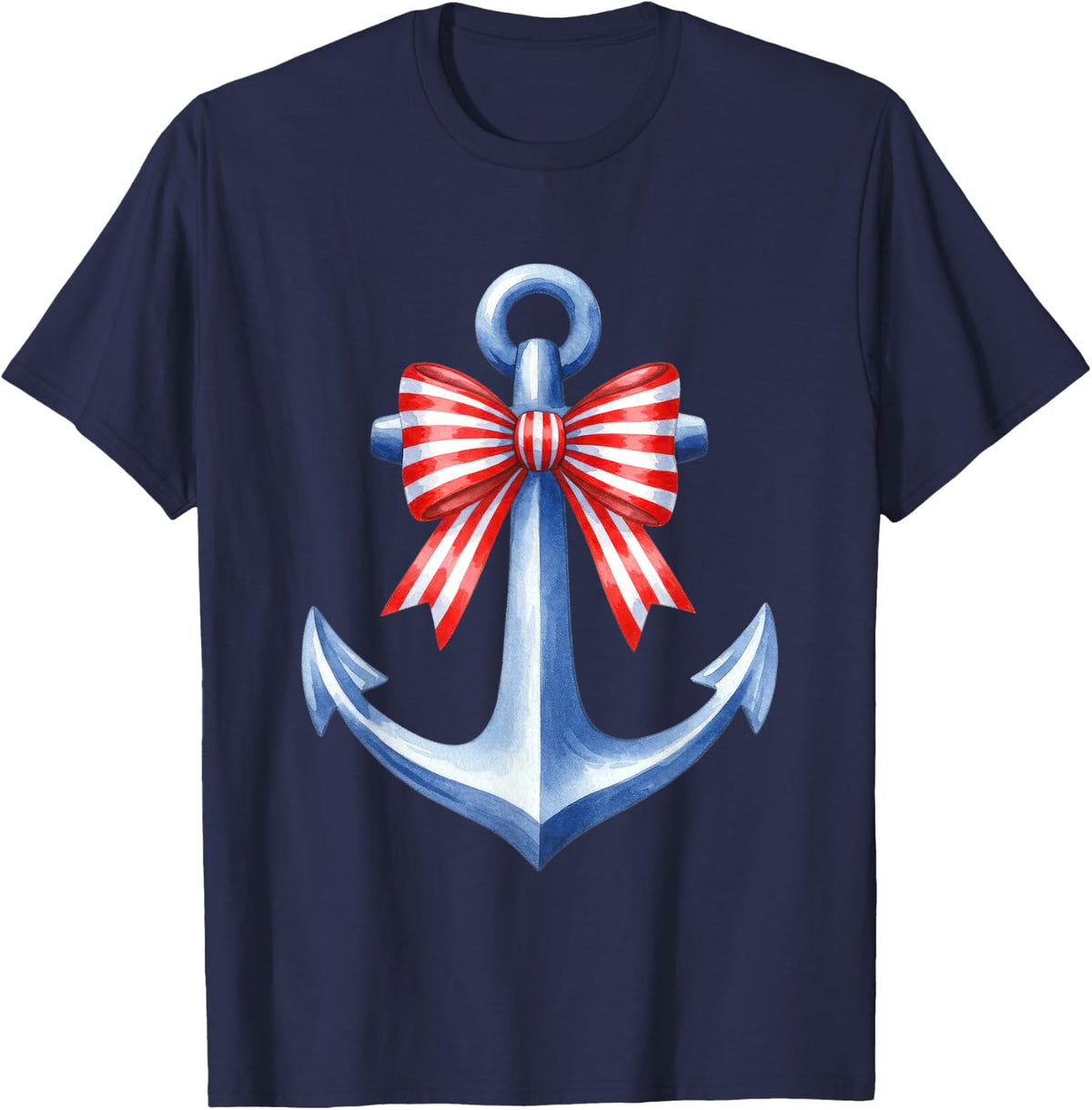 Anchor with Red Striped Bow Nautical T-Shirt Tee for Sailing Boating Fans - Navy Blue