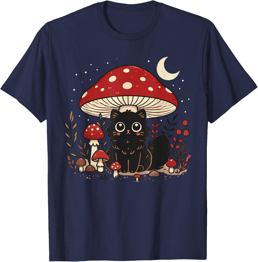 Cute Cottagcore Cat Mushroom Hat Vintage Grunge Aesthetic T-Shirt - Navy Blue