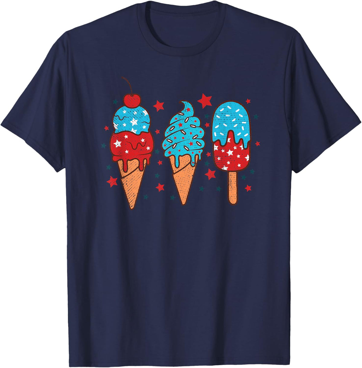 Blue Red White Ice Cream American Flag 4th of July Summer T-Shirt - Navy Blue