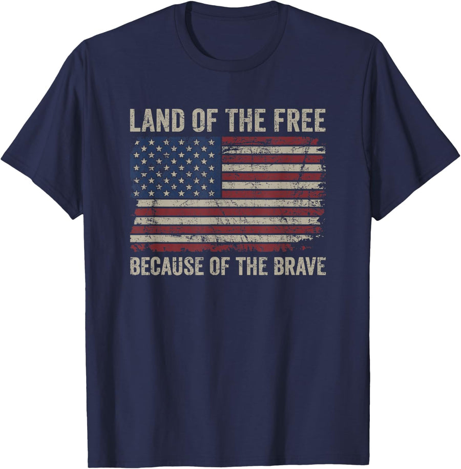 Land Of The Free Because Of The Brave Distress American Flag T-Shirt - Navy Blue