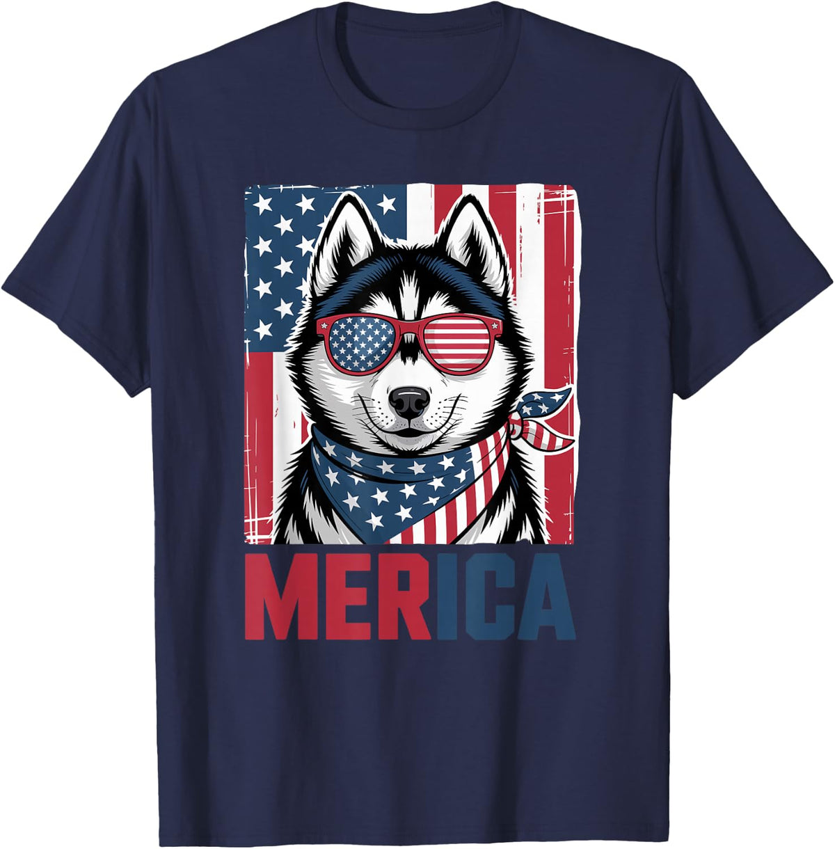 US Flag Merica Husky 4th of July T-Shirt - Navy Blue