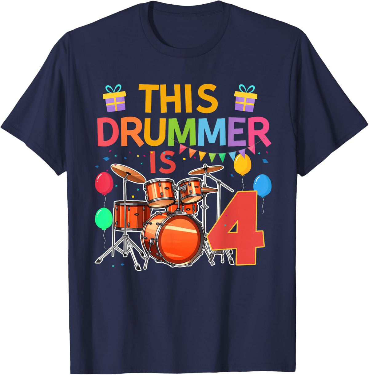 This Drummer is 4 Year Old Birthday Drum Set Drumming T-Shirt - Navy Blue