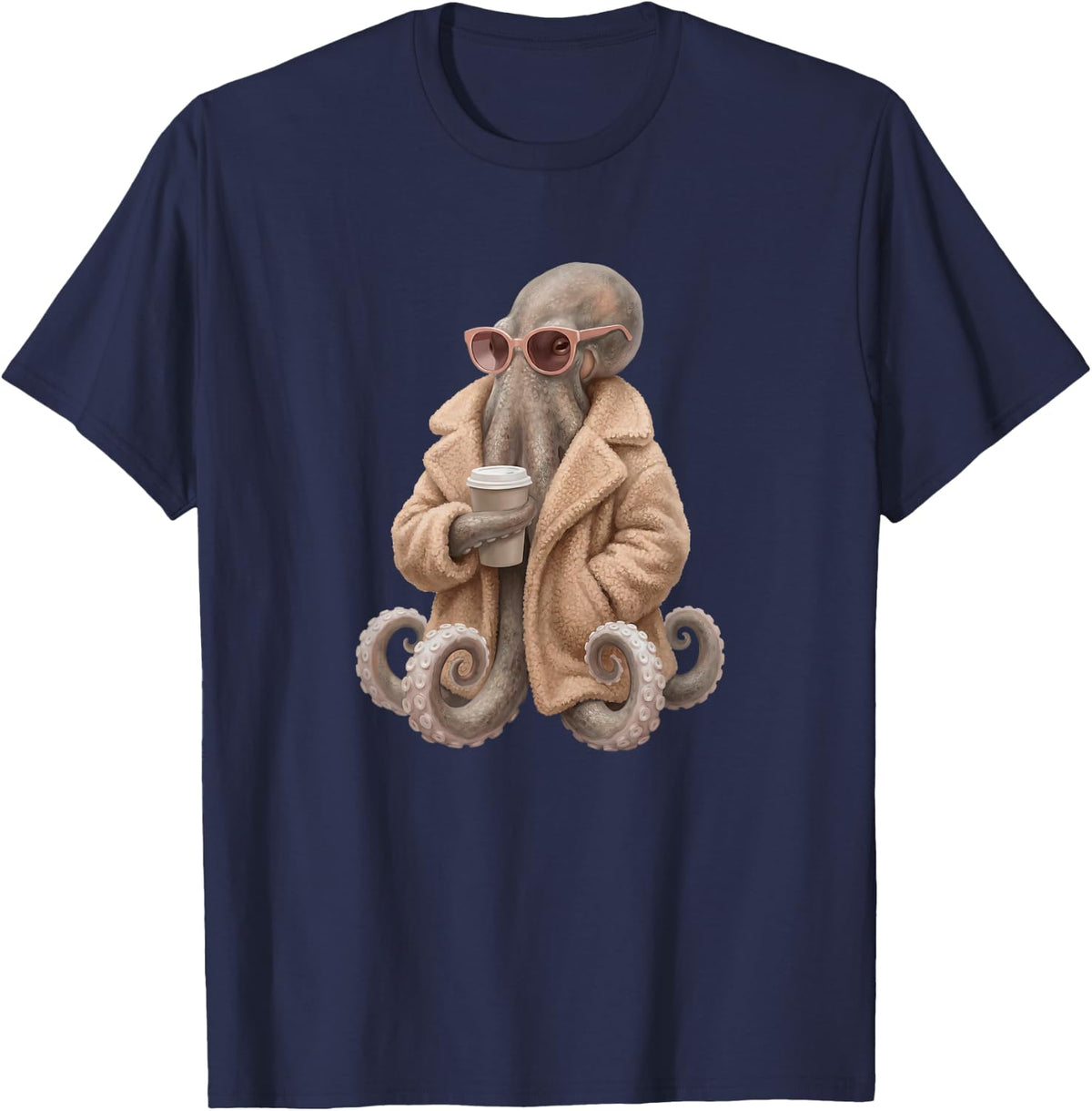 Funny Octopus Drink Graphic T-Shirt - Navy Blue