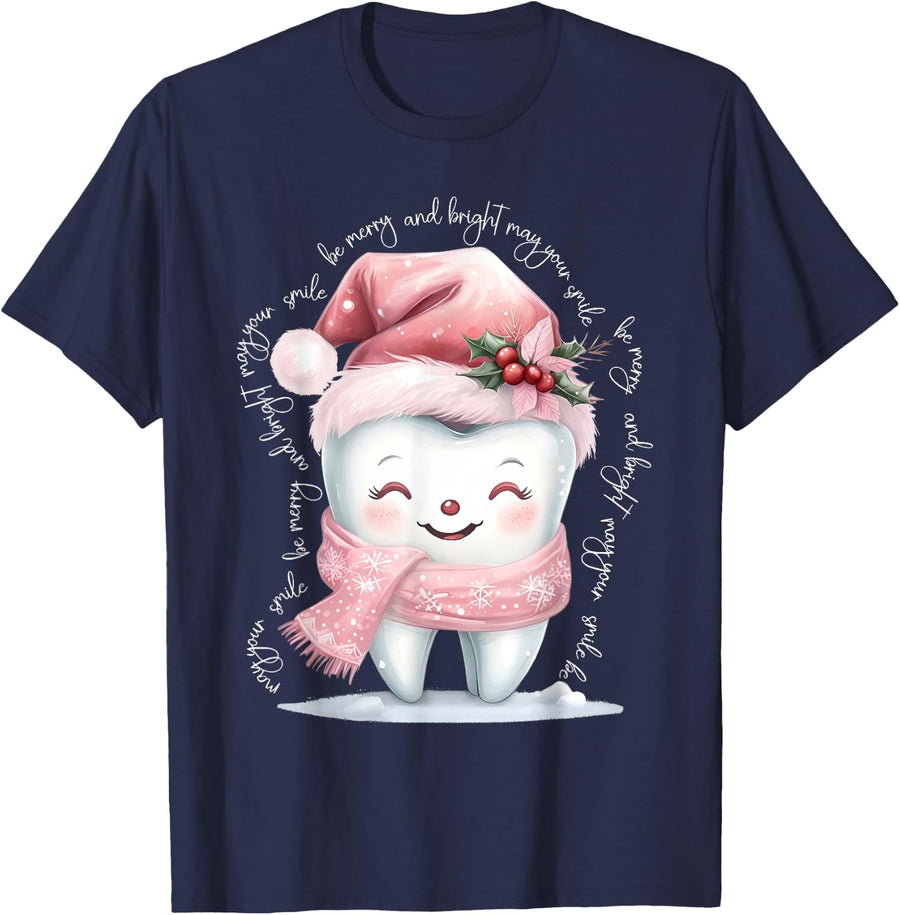 Cute Teeth Santa Hat Christmas Dental Hygienist Xmas Holiday T-Shirt - Navy Blue