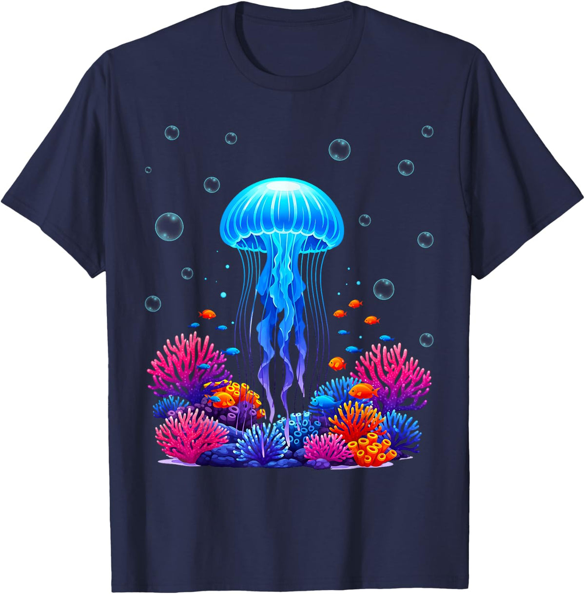 Jellyfish Graphic with Fishes in Sea T-Shirt - Navy Blue