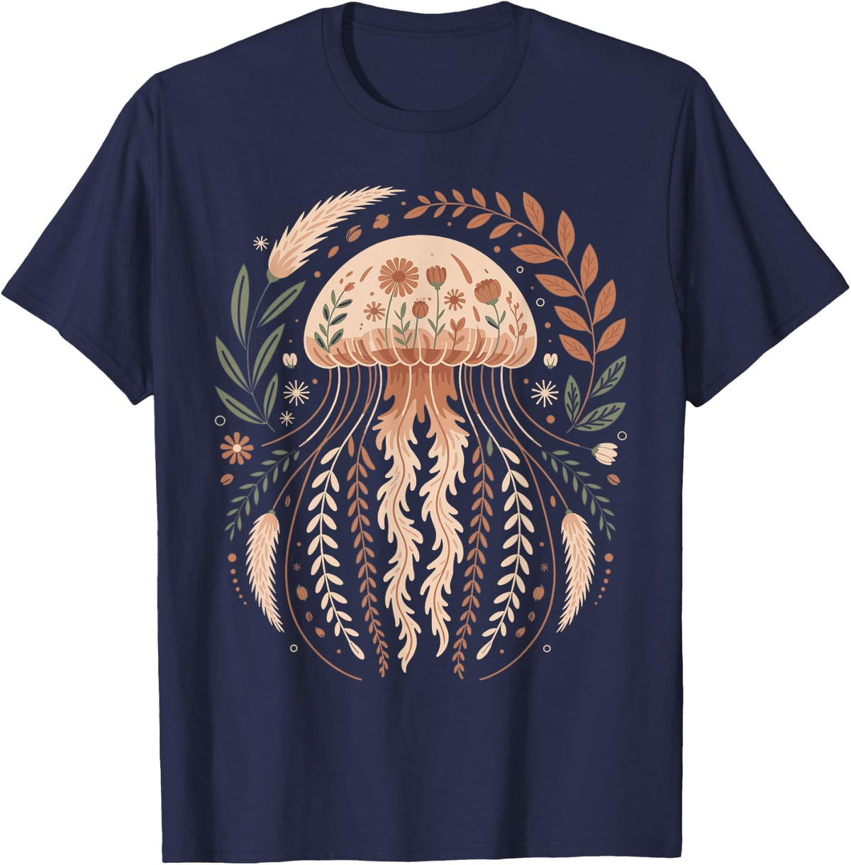 Boho Floral Jellyfish Sea Creature Beach Art T-Shirt - Navy Blue