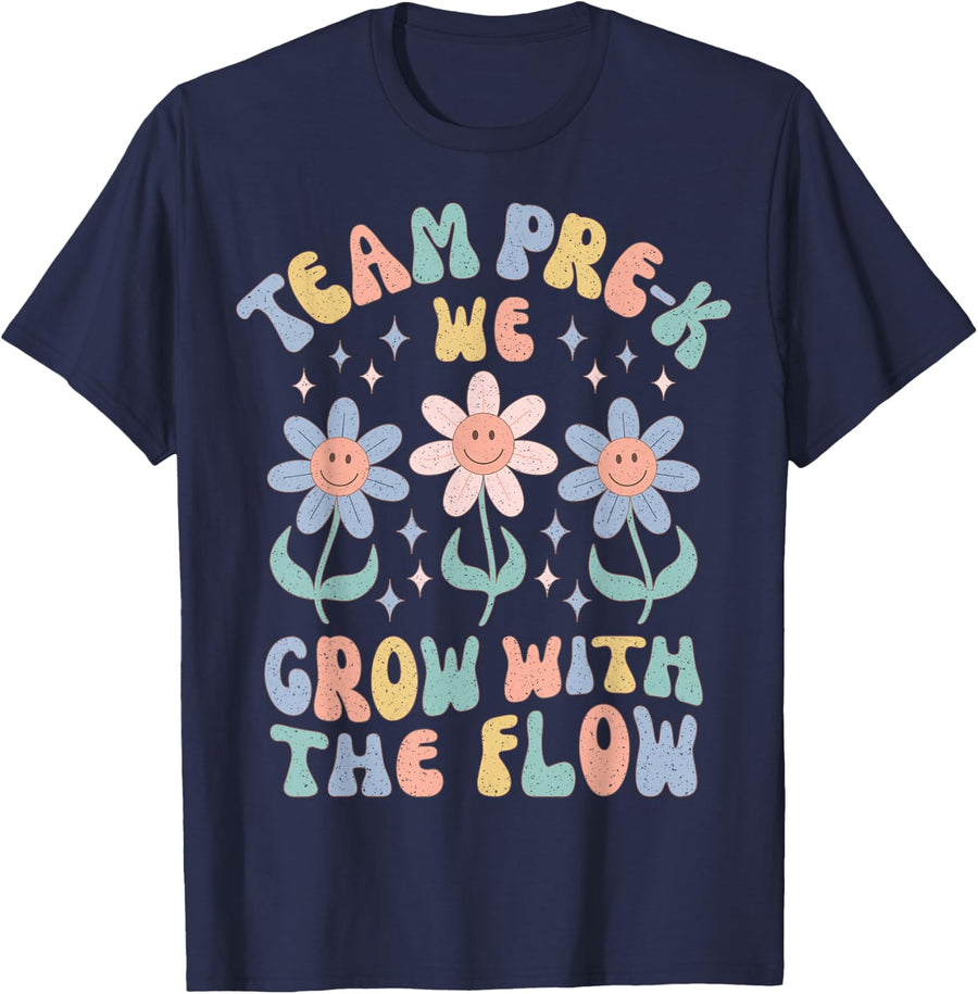 Pre-K Grow with the Flow T-Shirt | Pre K Shirt for Teachers and Students | Prek Tees and T Shirts for Women Men Kids - Navy
