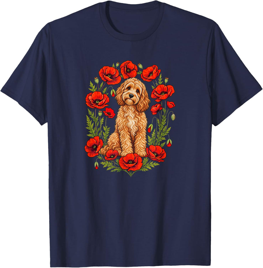 Womens Girls Kids Poppy Flower Floral Cockapoo Lover T-Shirt - Navy Blue
