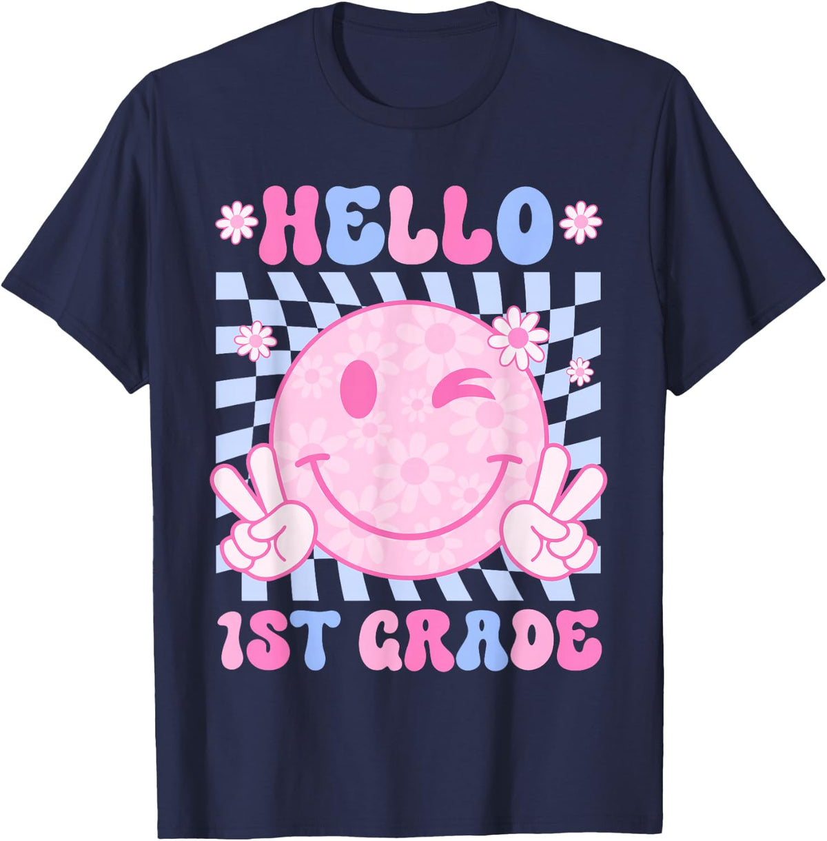 Back to School Hello First 1st Grade Daisy Smile Face Girl T-Shirt - Navy Blue