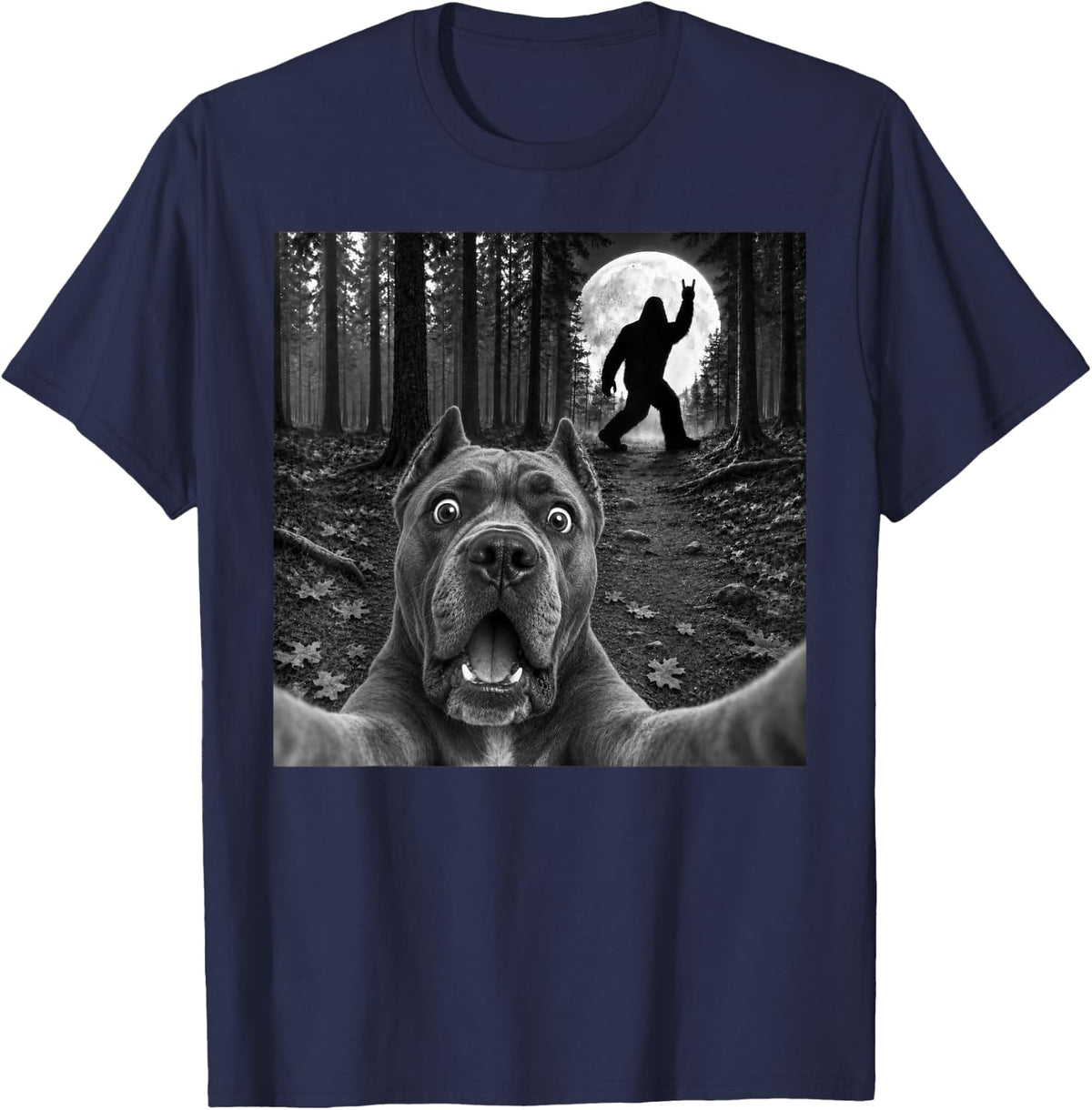 Cane Corso Selfie with Bigfoot Rock and Roll Dog Sasquatch T-Shirt - Navy Blue