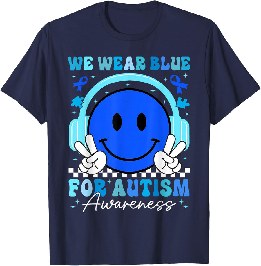 We Wear Blue Autism Awareness Smile Face Men Women Kids T-Shirt - Navy Blue