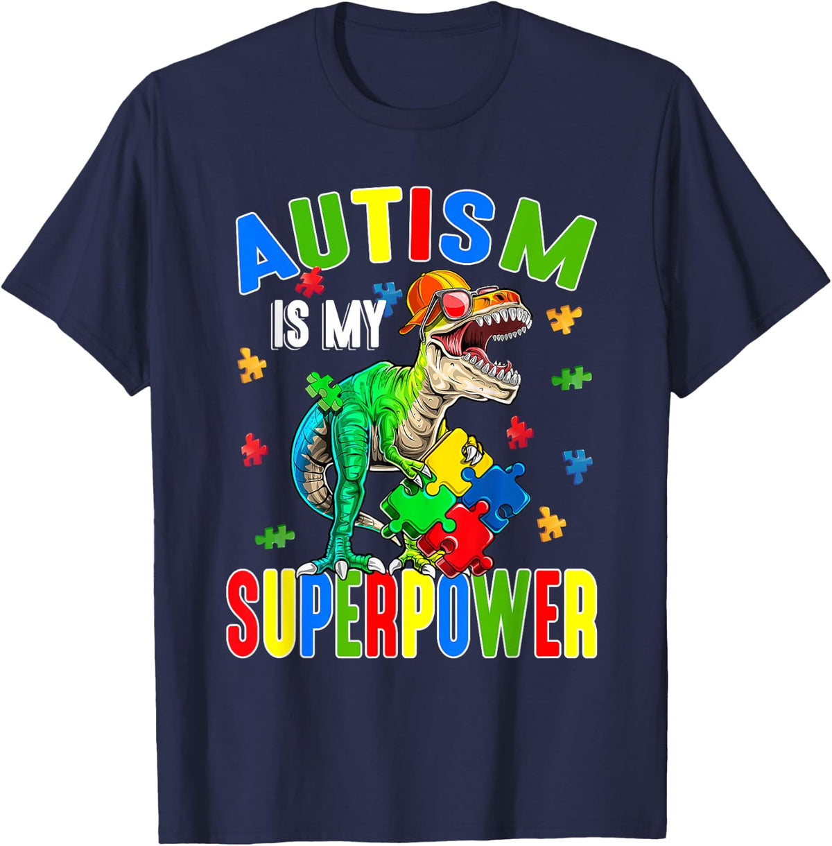 T Rex Dinosaur Autism Is My Superpower Autism Awareness Kids T-Shirt - Navy Blue