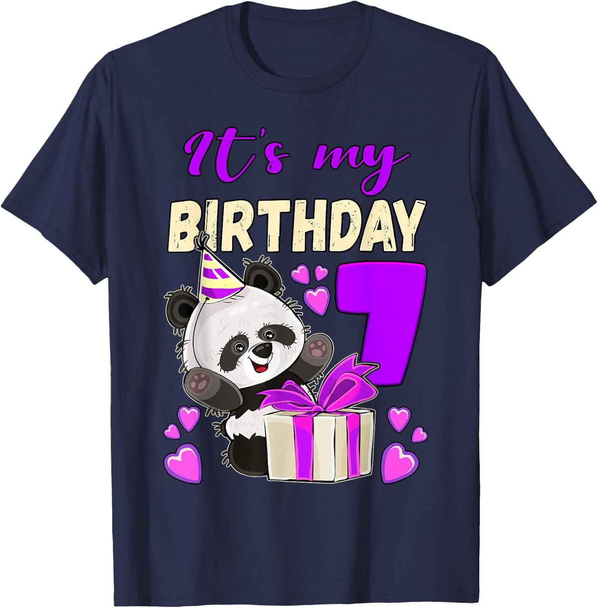 Panda Birthday Girl 7 Years Old T-Shirt - Navy Blue