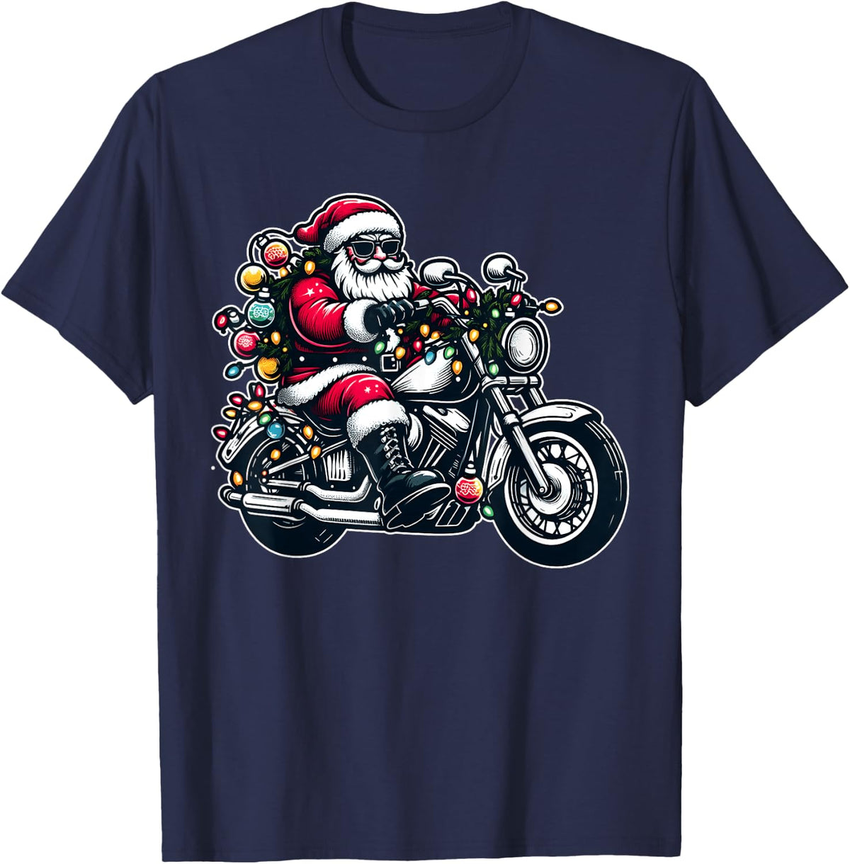 Santa Claus on Motorcycle Funny Biker Christmas Xmas Lights T-Shirt - Navy Blue