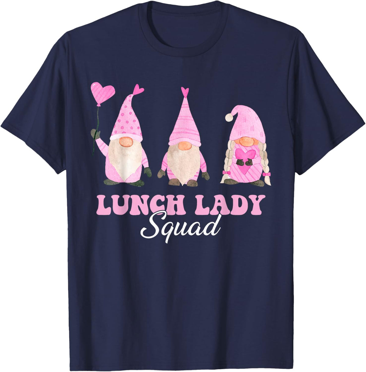 Lunch Lady Teacher Squad Valentines Day Gnomes Holding Heart T-Shirt - Navy Blue