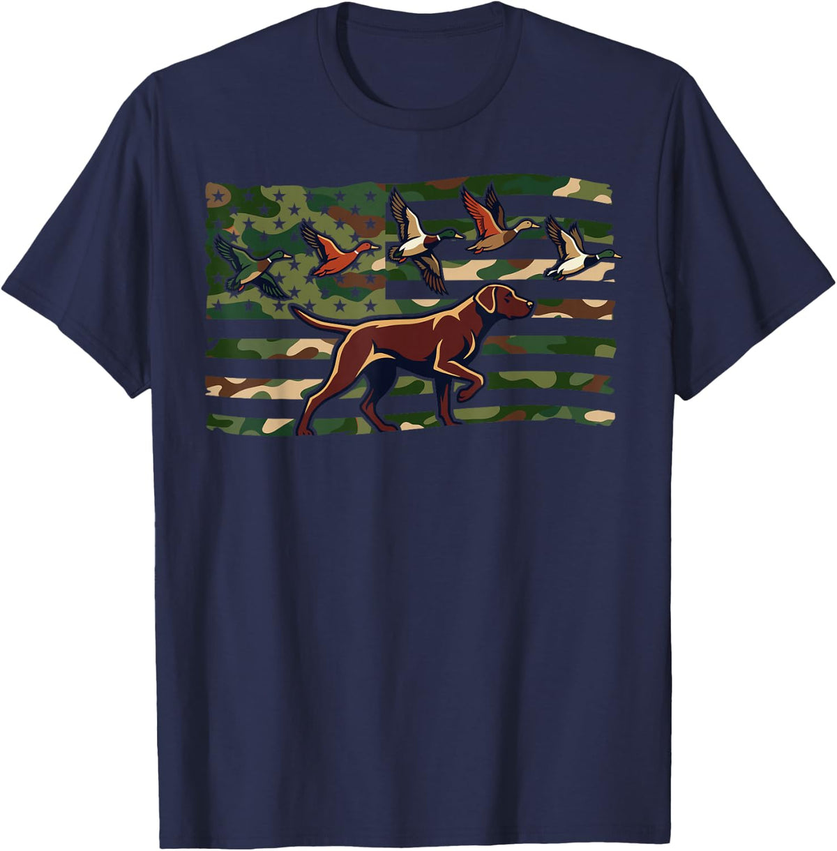 Camo American Flag Duck Hunting Dog T-Shirt - Navy Blue