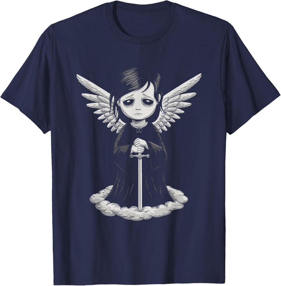 Lonely Sad Emo Gothic Angel Lover T-Shirt - Navy Blue