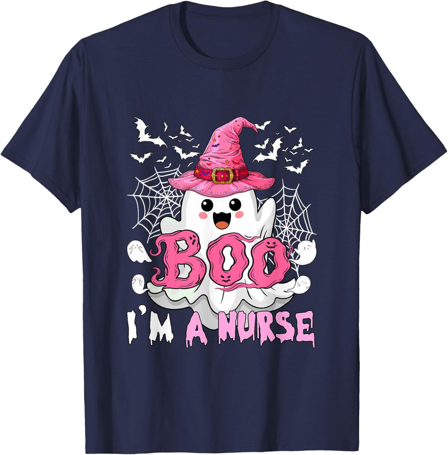 Boo Proud A Nurse Halloween Ghost Cosplay Witch Lover T-Shirt - Navy Blue