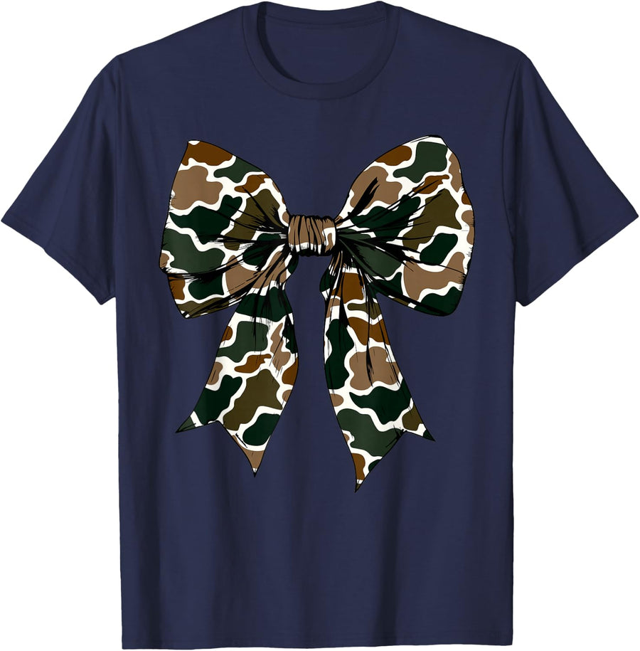 Camouflage Coquette Bow Hunting Shirt Women Tees Camo T-Shirt Girls - Navy Blue